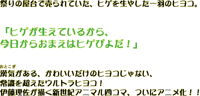 祭りの屋台で売られていた、ヒゲを生やした一羽のヒヨコ。
「ヒゲが生えているから、
今日からおまえはヒゲぴよだ！」
漢気がある、かわいいだけのヒヨコじゃない、
常識を超えたウルトラヒヨコ！
伊藤理佐が描く新世紀アニマル四コマ、ついにアニメ化！！